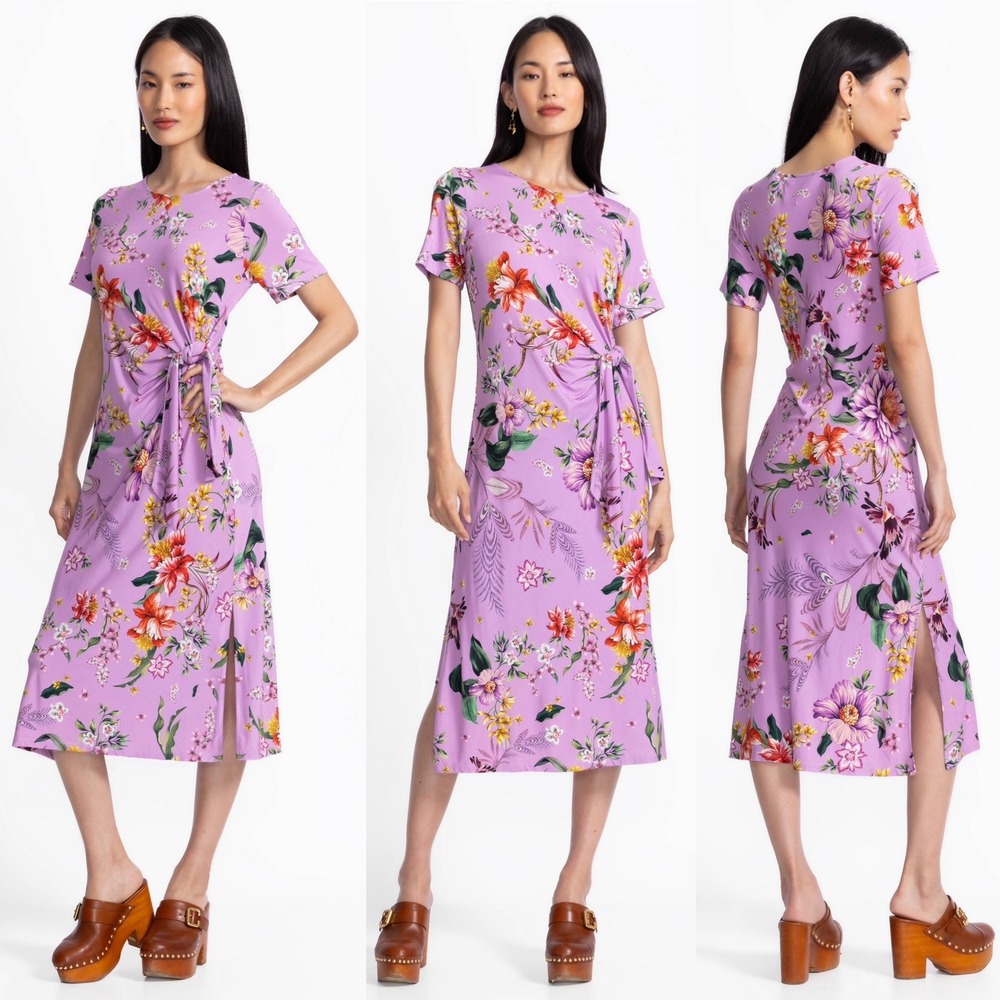 Johnny Was Janie Favorite Side Tie Knit Dress Medium Purple Floral Bird Stretch - Picture 13 of 13